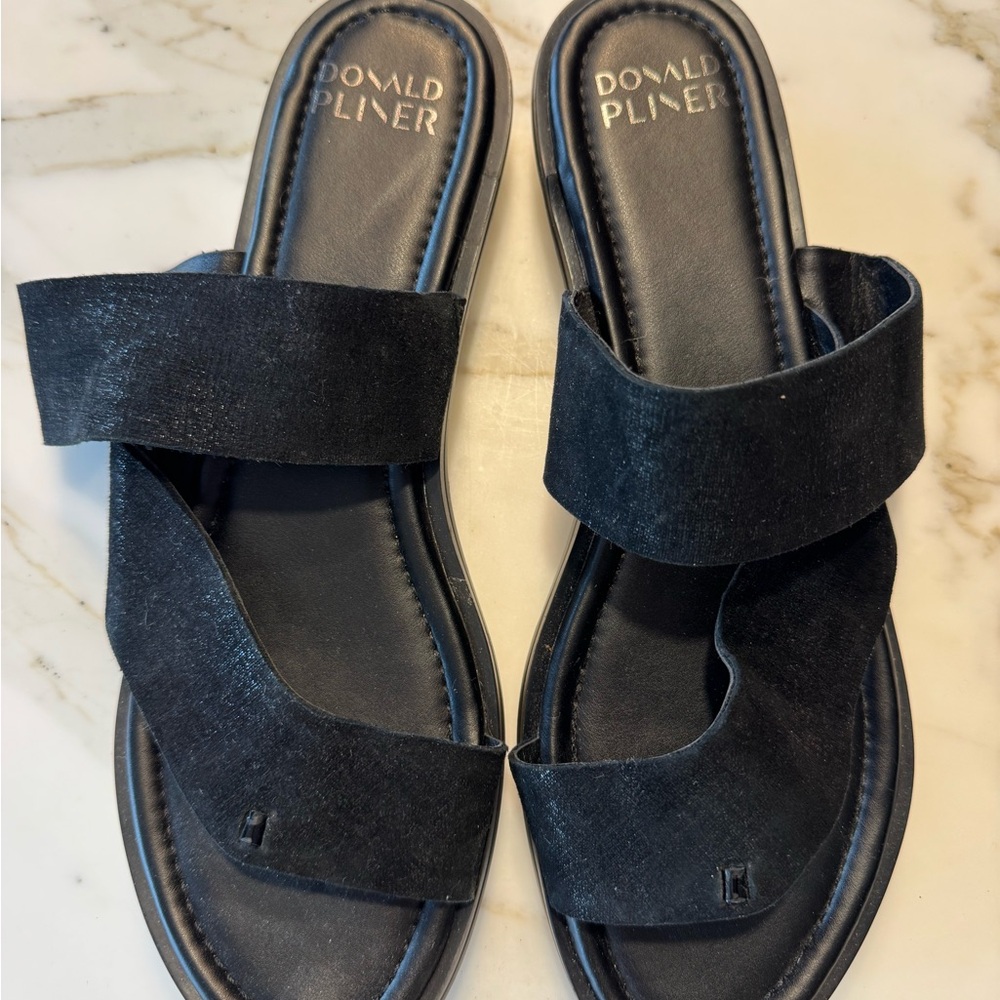 Donald J. Pliner Black Suede Two-Strap Slide Sandals